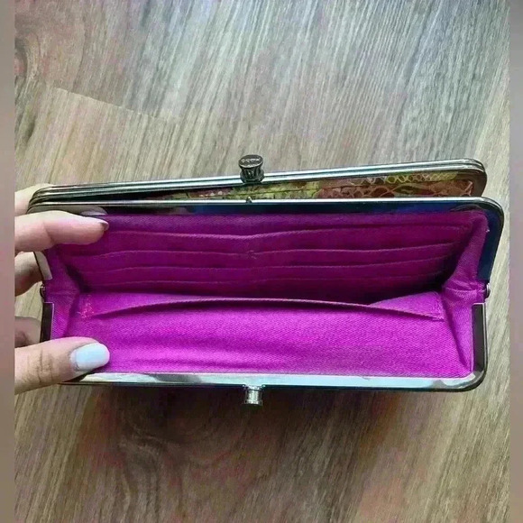 HOBO Snakeskin Floral Yellow Gold Trifold Clutch Wallet - Picture 5 of 6